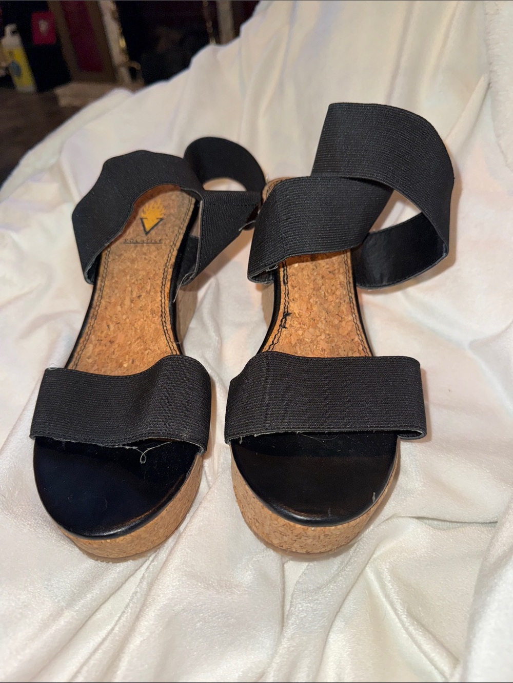 Volatile Black Cork Wedge Sandals with Elastic Cross Straps - 9